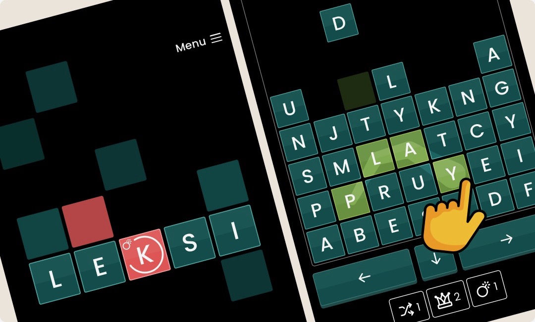 Two screenshots of the game Leksi, one showing the word PLAY Leksi